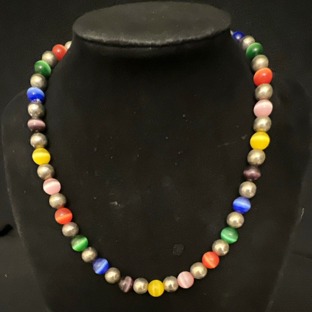 Multicolor Beaded Necklace Cat Eye Beads Ball Lobster Clasp 15"